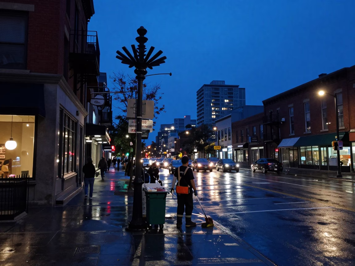Toronto Indigo Twilight Street Scene with Mops and Spindle Chairs in in Toronto, Ontario, Canada