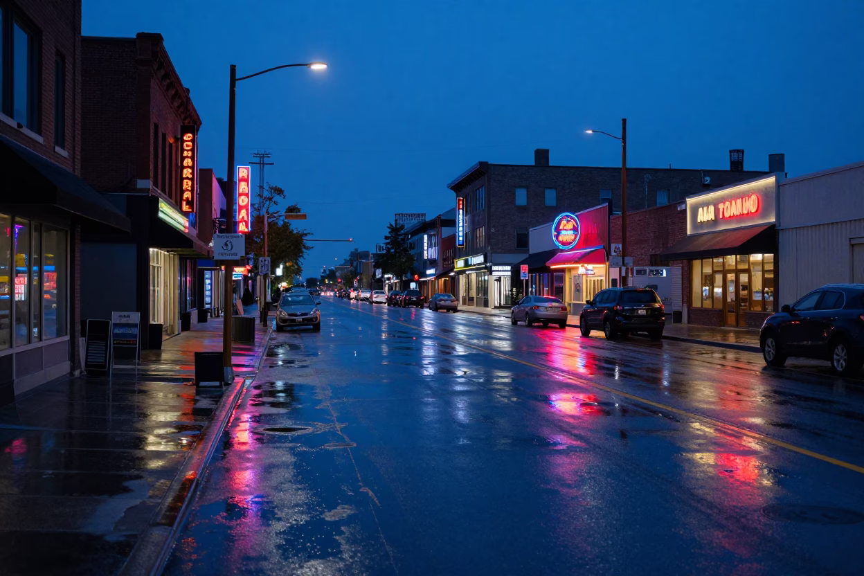 Toronto Indigo Twilight Street Scene with Neon Reflections and Urban Fashion in in Toronto, Ontario, Canada