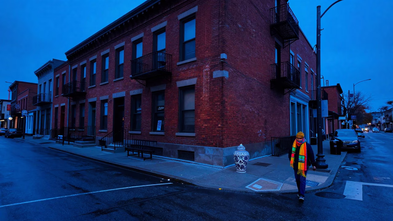 Toronto Indigo Twilight Street Scene with Scarf and Ceramic Cup at Urban Intersection in in Toronto, Ontario, Canada