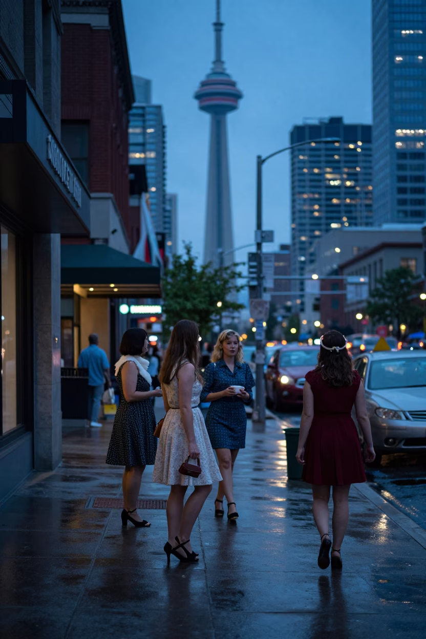 Toronto Indigo Twilight Street Scene with Vintage 1960s Fashion and Urban Atmosphere in in Toronto, Ontario, Canada