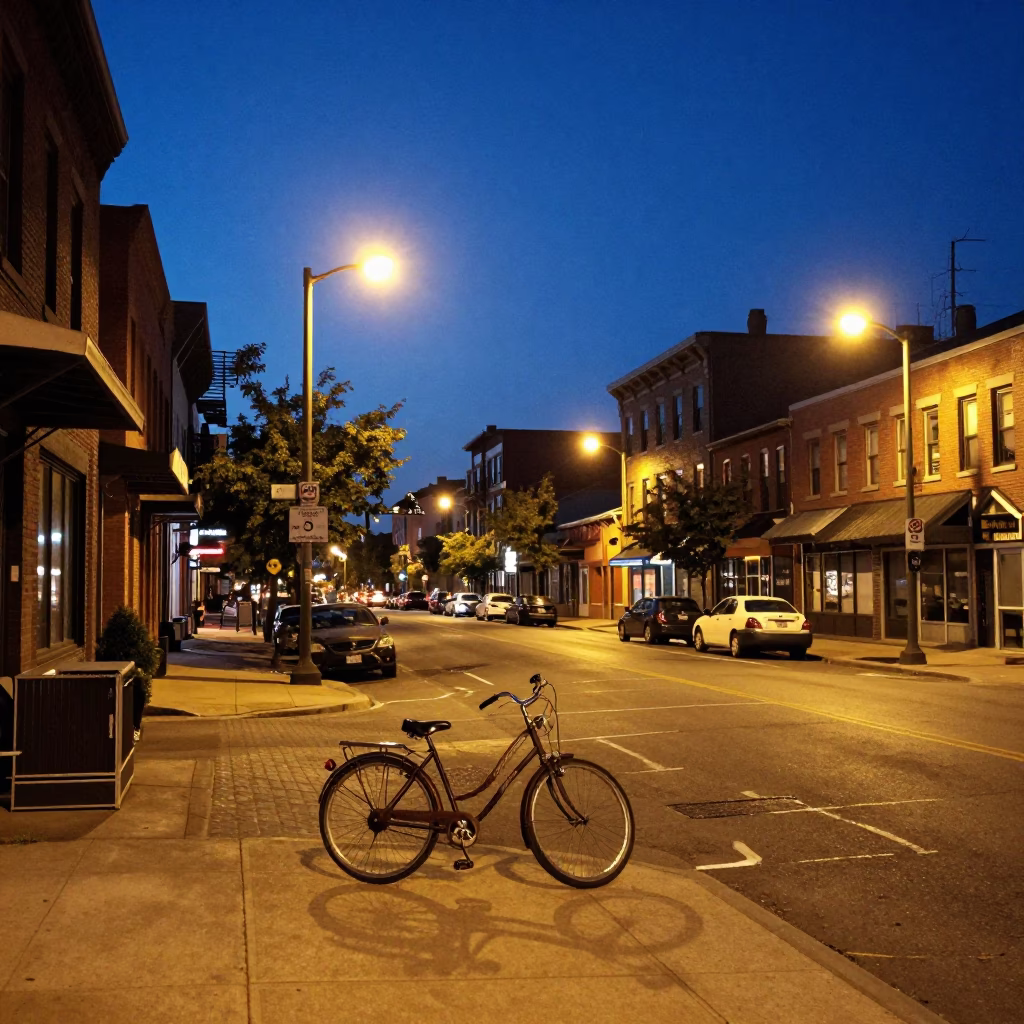 Toronto indigo twilight street scene with vintage bicycle and urban architecture in in Toronto, Ontario, Canada