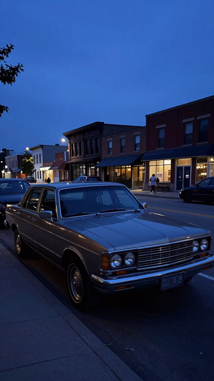 Toronto Indigo Twilight Street Scene with Vintage Car and Neon Sign Reflections in in Toronto, Ontario, Canada