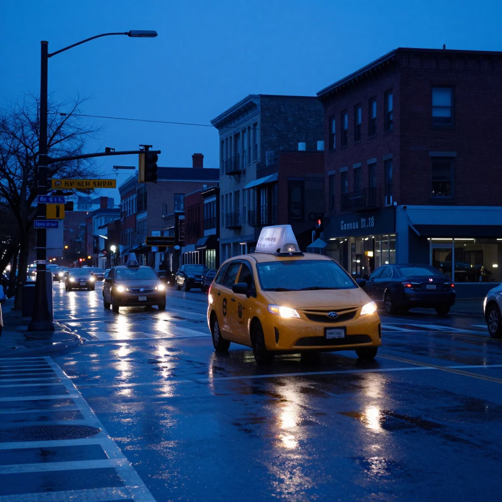 Toronto Indigo Twilight Street Scene with Yellow Taxi and Urban Details in in Toronto, Ontario, Canada