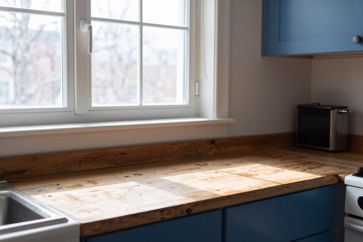 Toronto Kitchen Scene with Worn Wood and Blue Enamel Details in in Toronto, Ontario, Canada