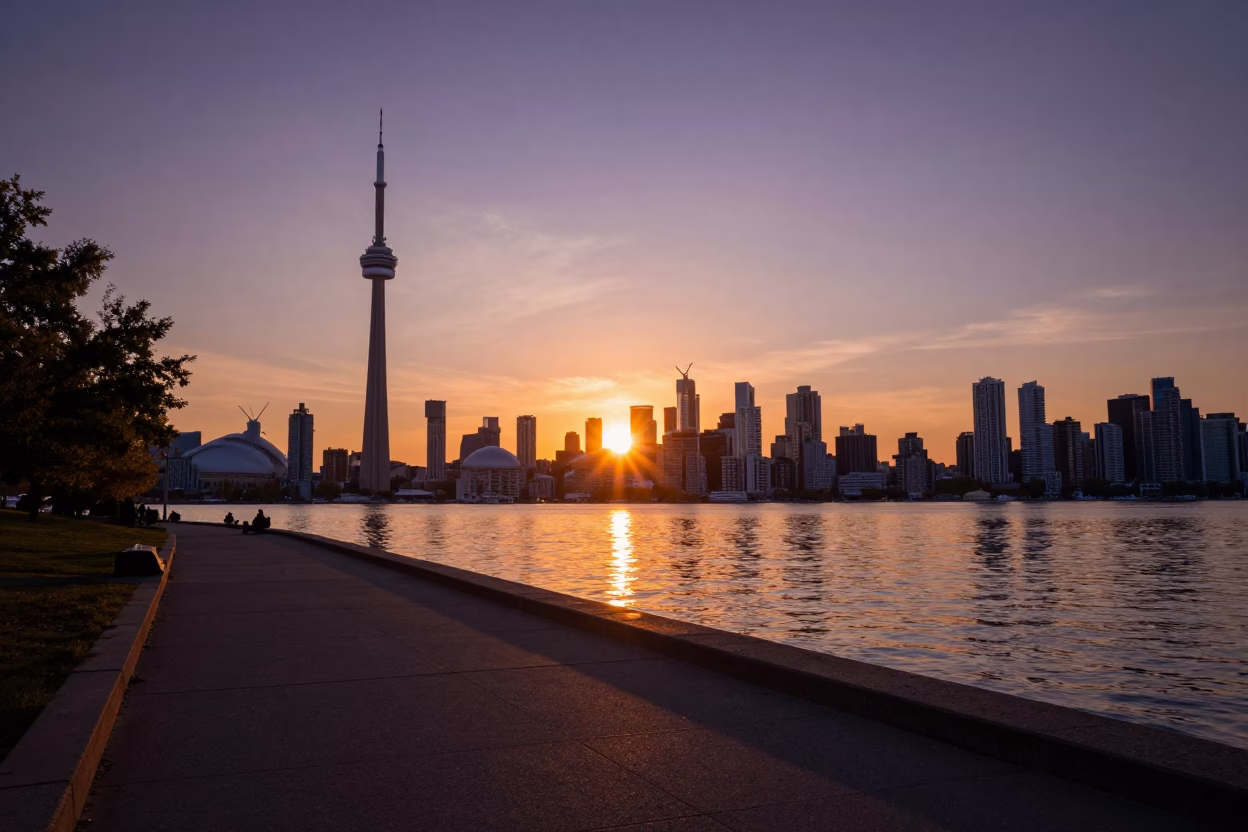 Toronto Lake Shore Sunset with CN Tower and Lake Ontario Waterfront in in Toronto, Ontario, Canada