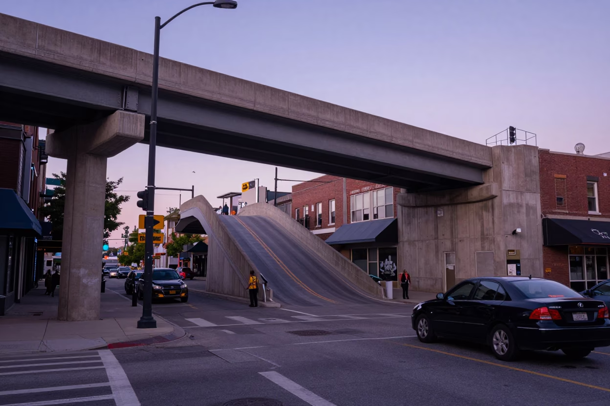 Toronto Late Afternoon Street Scene with Overpass Ramp and Urban Skyline in in Toronto, Ontario, Canada