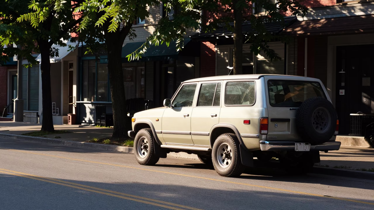 Toronto Late Afternoon Street Scene with Vintage SUV and Urban Architecture in in Toronto, Ontario, Canada