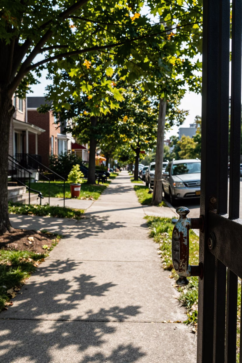 Toronto Late Morning Street Scene With Vintage Jar And Gate Handle in in Toronto, Ontario, Canada