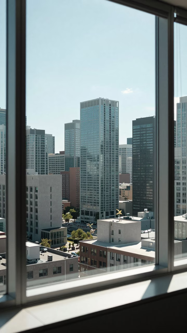Toronto Midday Skyline View from High-Rise Window with Sunlight and City Details in in Toronto, Ontario, Canada