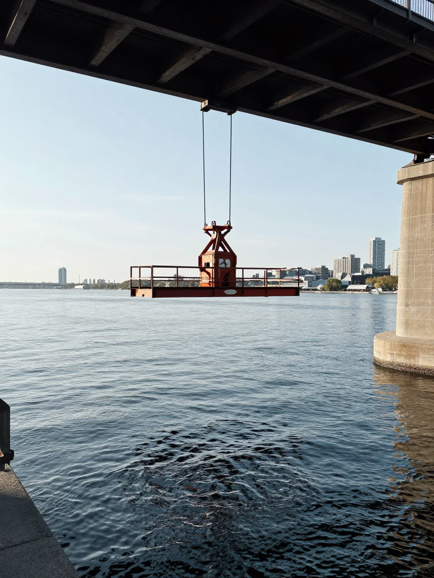Toronto Midday Street Scene with Bridge Maintenance Cradle Over Cold River Water in in Toronto, Ontario, Canada