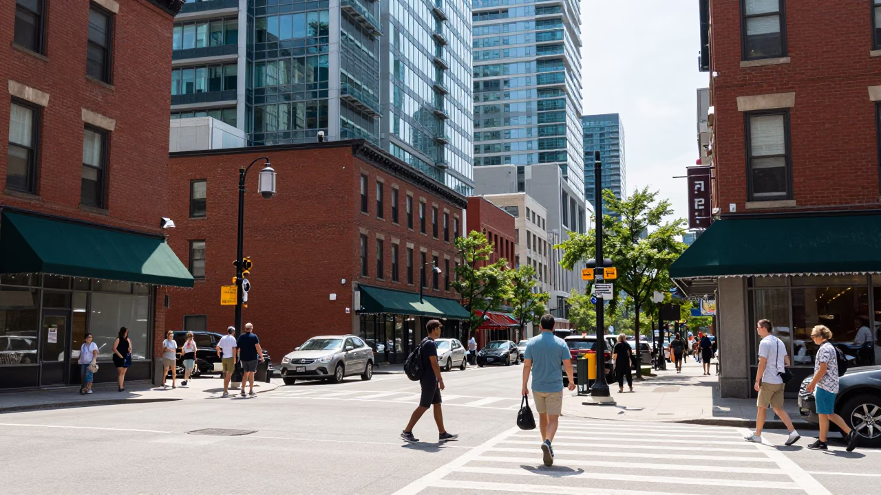 Toronto Midday Street Scene with Red Brick Architecture and Pedestrians in in Toronto, Ontario, Canada