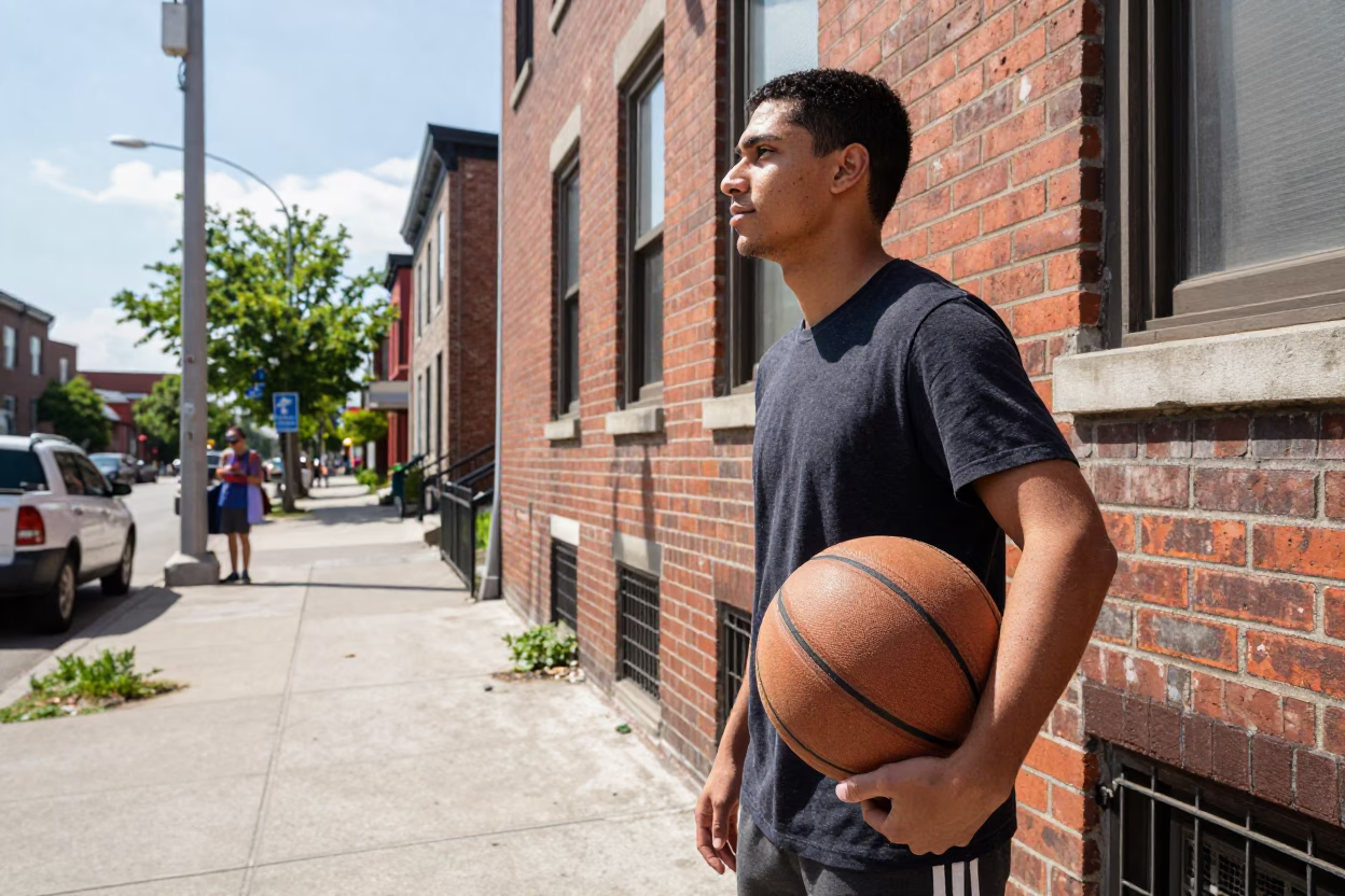 Toronto Midmorning Street Scene with Leather Basketball and Urban Details in in Toronto, Ontario, Canada