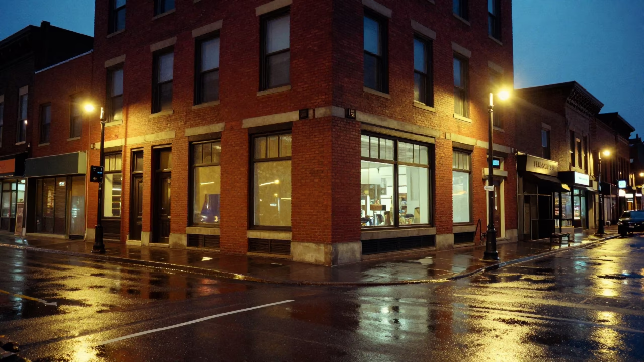 Toronto Midnight Street Scene with Red Brick Architecture and Wet Pavement Reflections in in Toronto, Ontario, Canada