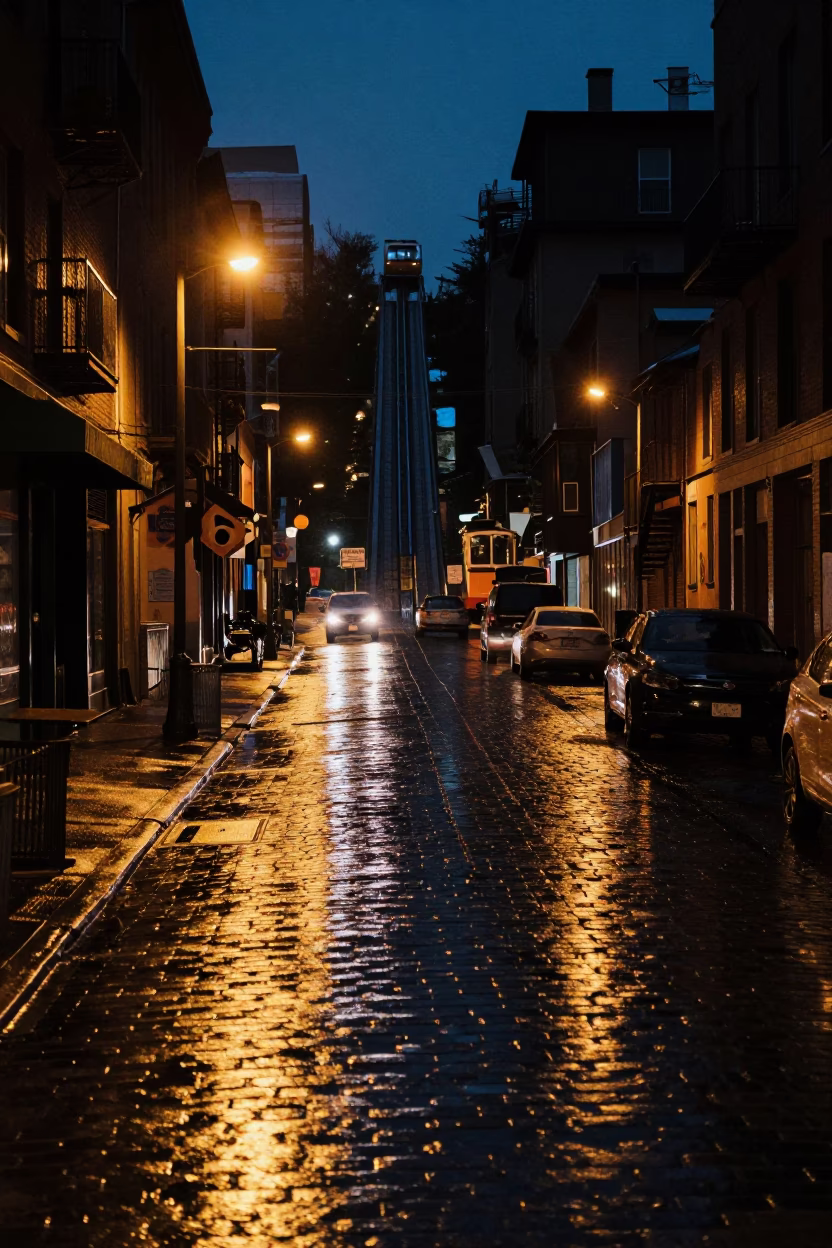 Toronto Midnight Street Scene with Reflections and Urban Details in in Toronto, Ontario, Canada