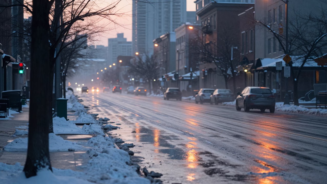 Toronto Morning Commute Wet Snow Slush and Urban Street Life Before Sunrise in in Toronto, Ontario, Canada