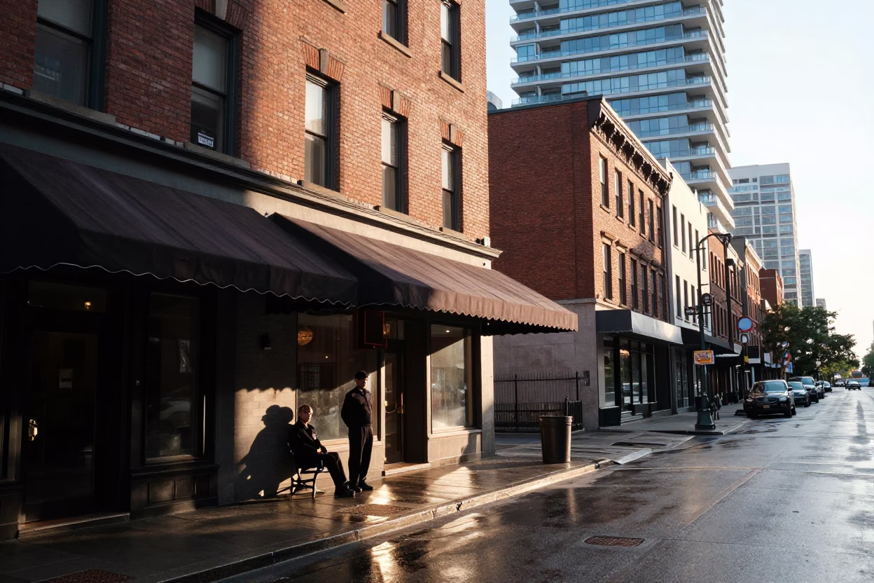 Toronto Morning Light on Queen Street West with Valet Stand and Wet Leaves in in Toronto, Ontario, Canada