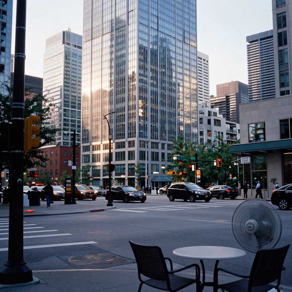 Toronto Morning Street Scene with Chair and Table Fan After Sunrise in in Toronto, Ontario, Canada