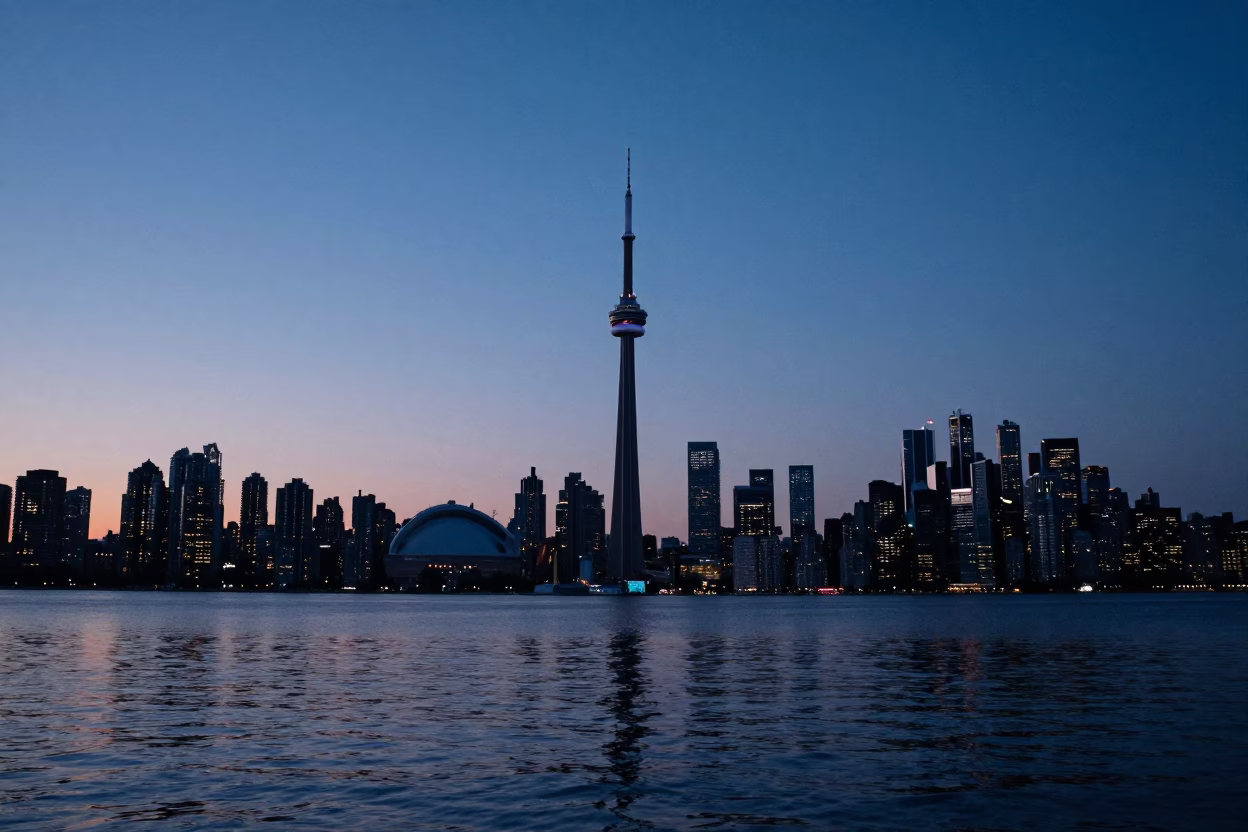 Toronto Nautical Dawn Blue Hour Skyline and Lake Shore Ambience in in Toronto, Ontario, Canada