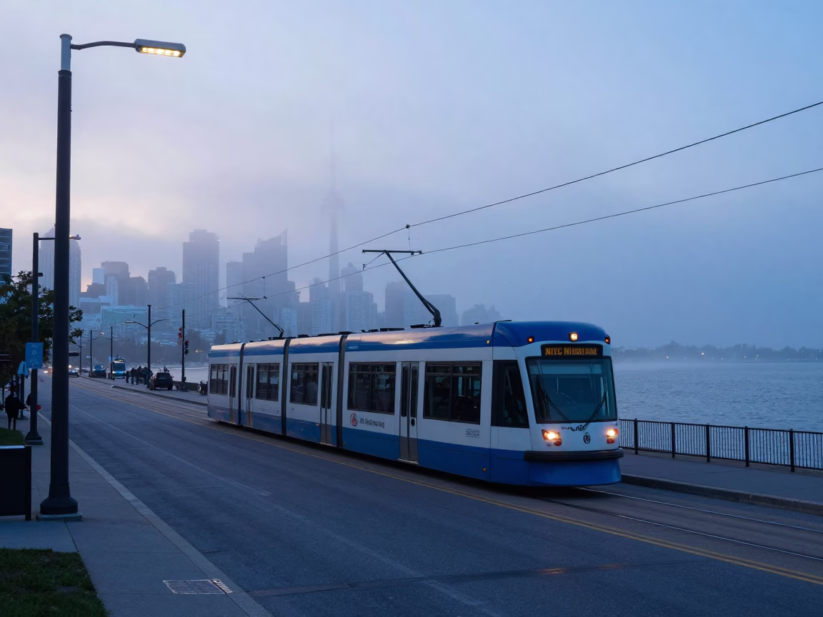 Toronto Nautical Dawn Street Scene with Blue Line Streetcar and Urban Architecture in in Toronto, Ontario, Canada