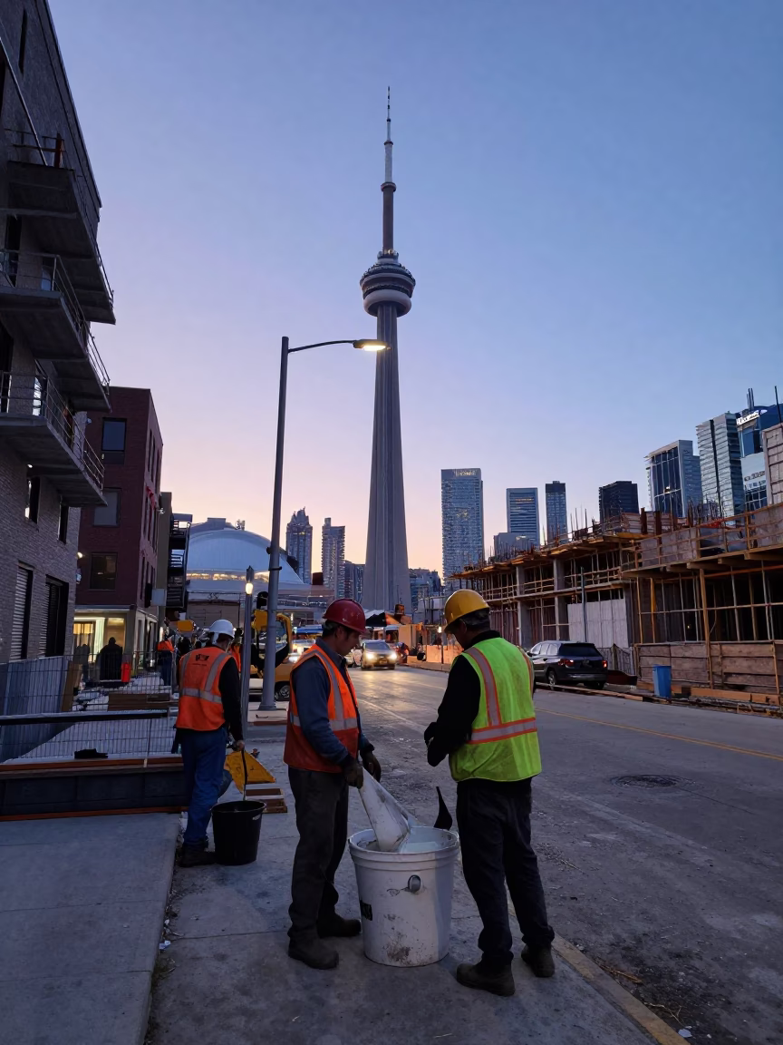 Toronto Nautical Dawn Street Scene with Construction Workers and Urban Details in in Toronto, Ontario, Canada
