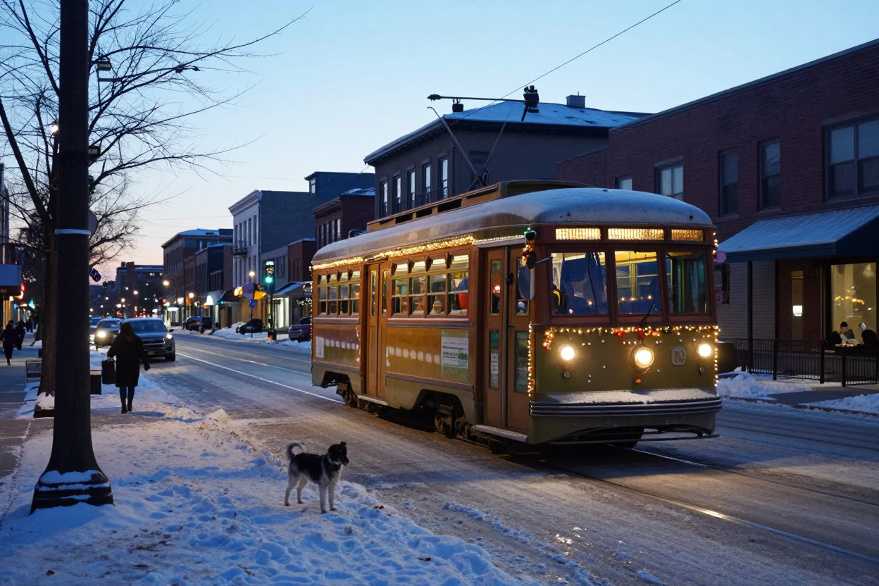Toronto Nautical Dawn Street Scene with Portuguese Podengo Pequeno on Snowy Avenue in in Toronto, Ontario, Canada