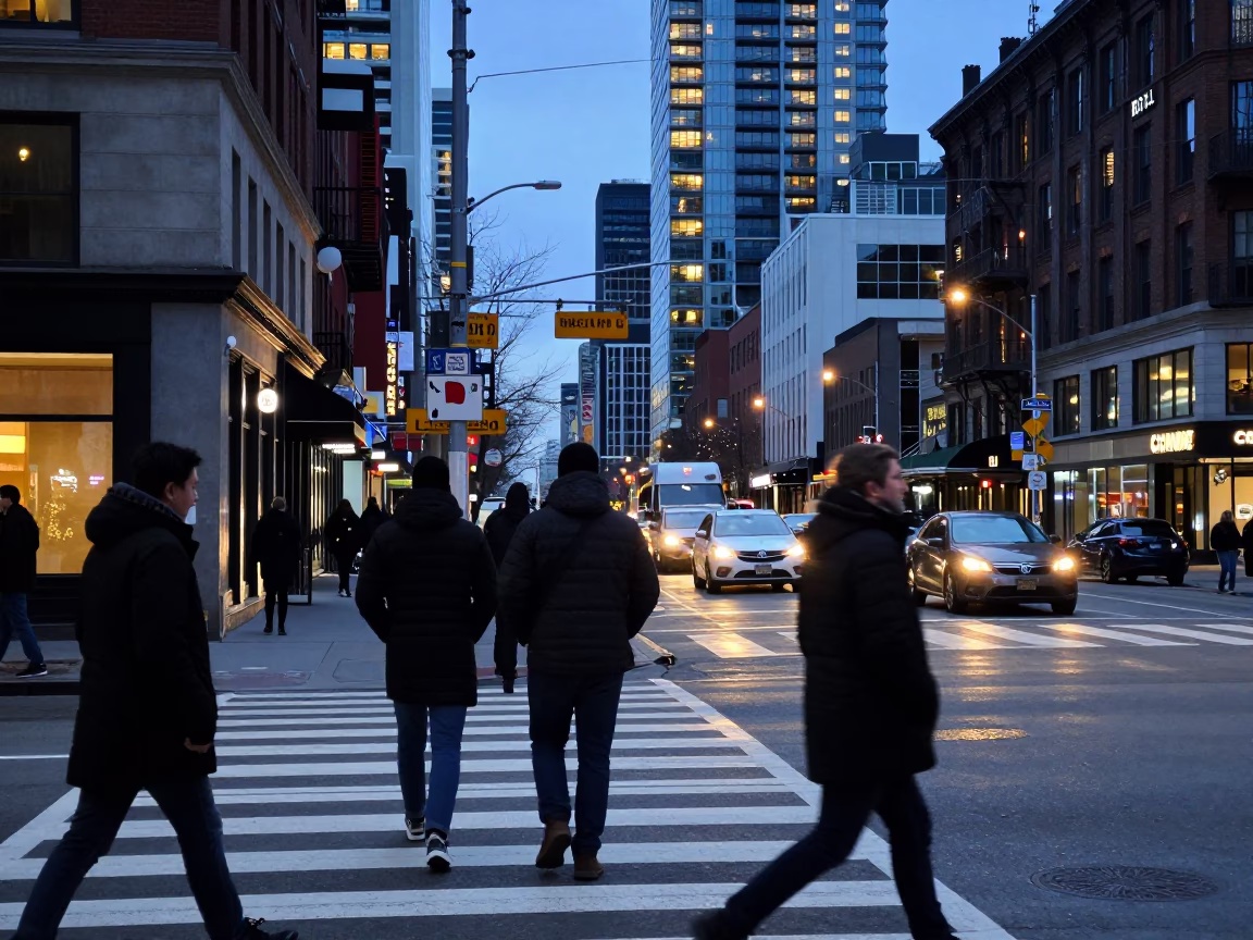 Toronto Nautical Dawn Street Scene with Timetable Reflections and Urban Commuters in in Toronto, Ontario, Canada