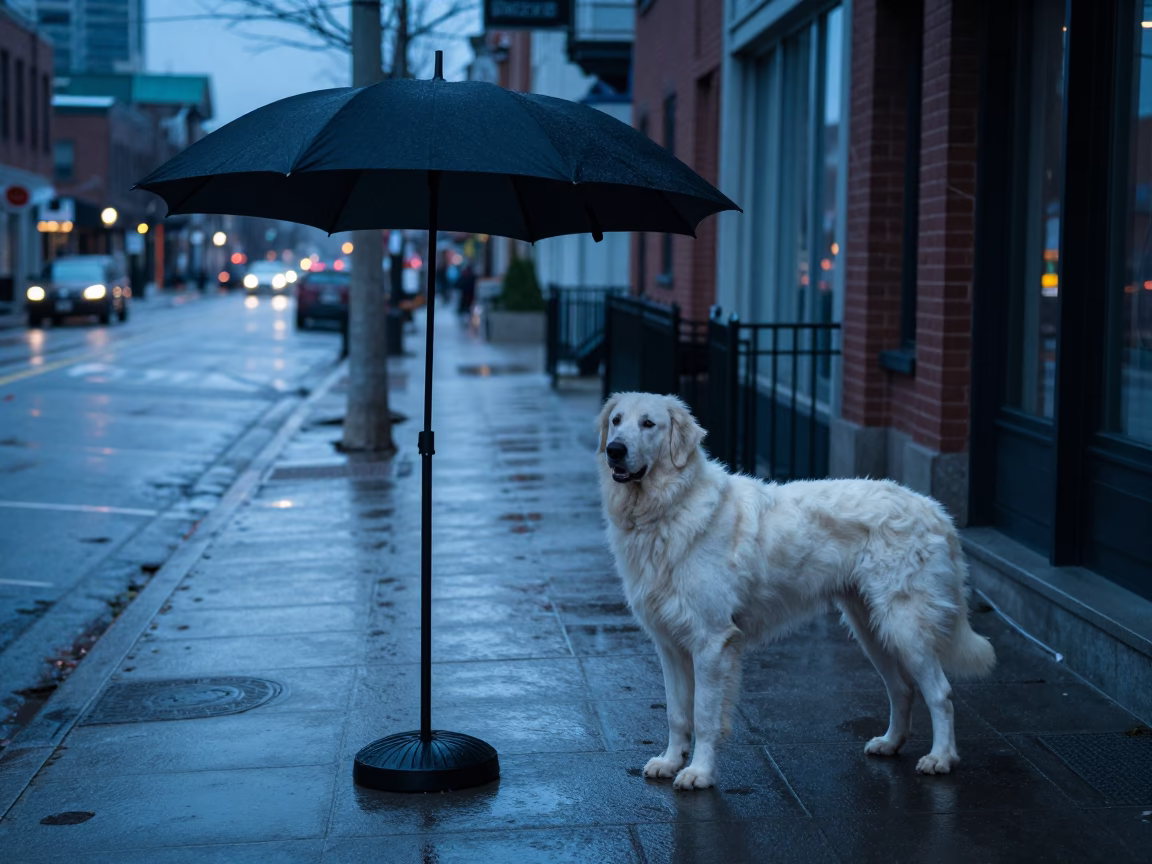 Toronto Nautical Dawn Street Scene with Umbrella Stand and Komondor Near CN Tower in in Toronto, Ontario, Canada