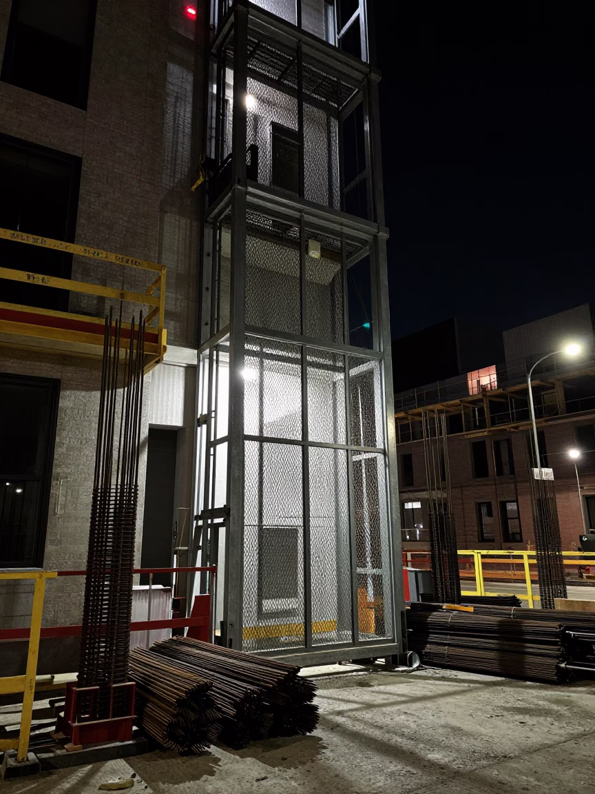 Toronto Night Construction Site with Rebar Bundles and Elevator Gate in in Toronto, Ontario, Canada