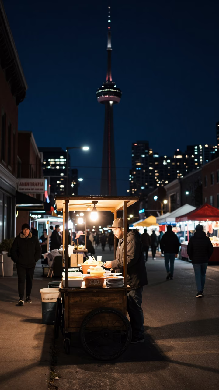 Toronto Night Market Street Scene Under Deep Sky With Metal Bucket And Linen Tablecloth in in Toronto, Ontario, Canada
