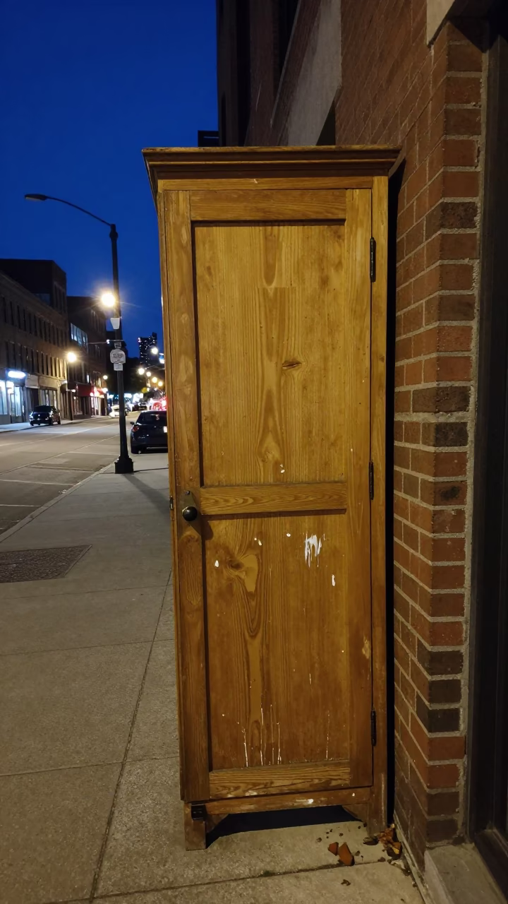 Toronto Night Scene at Midnight with Scratched Cabinet Door Detail in in Toronto, Ontario, Canada