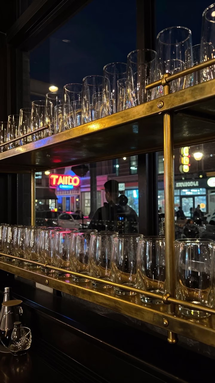 Toronto Night Scene with Glass Tumblers and Brass Shelf in Busy Bar in in Toronto, Ontario, Canada