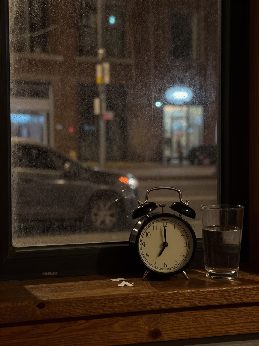 Toronto Night Street Scene with Alarm Clock and Glass Jar on Windowsill in in Toronto, Ontario, Canada
