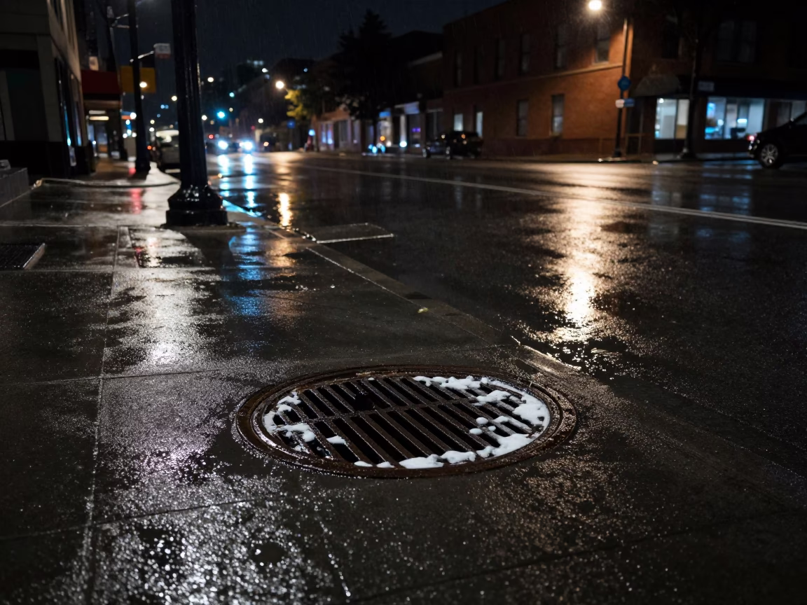 Toronto Night Street Scene with Drain and Urban Details in in Toronto, Ontario, Canada