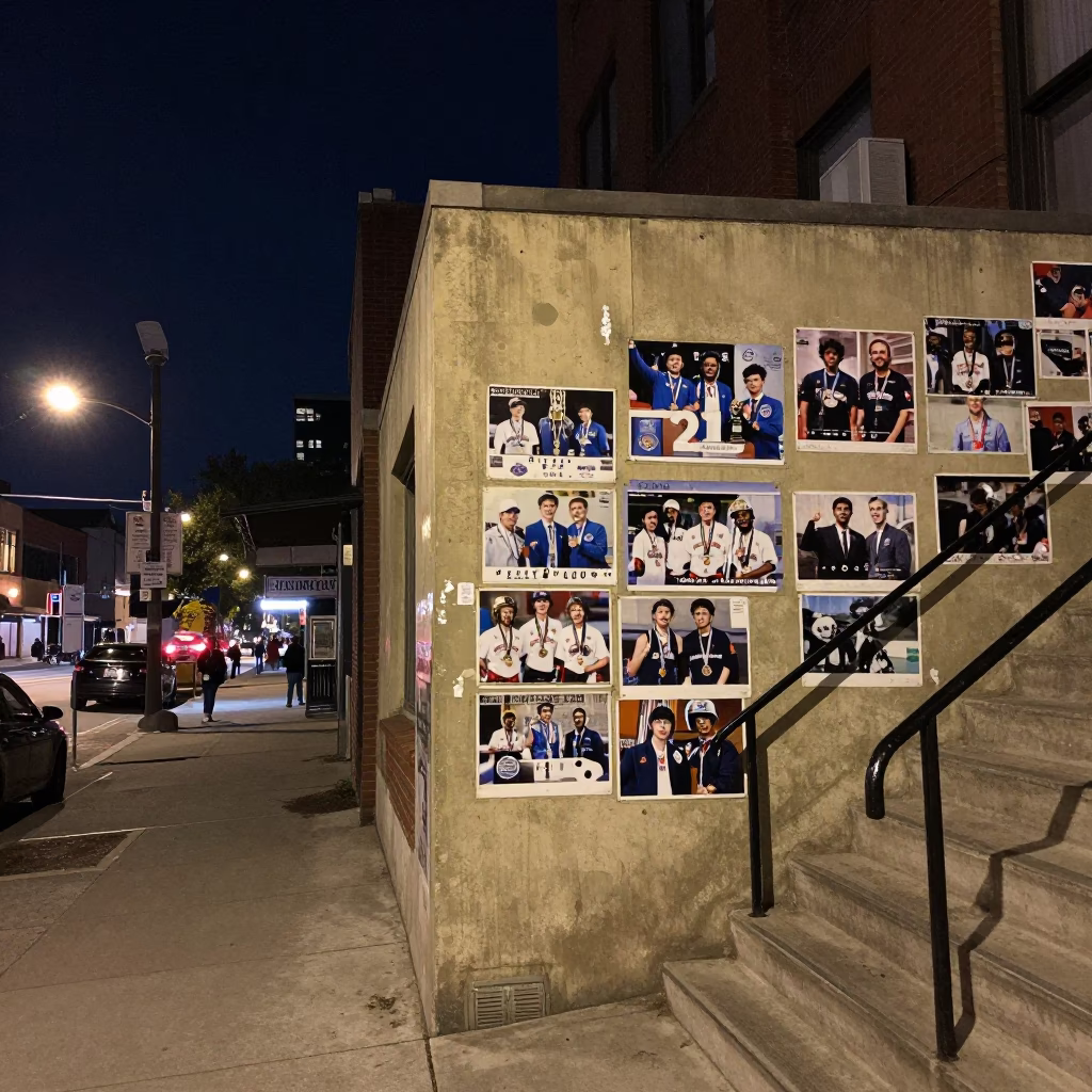 Toronto Night Street Scene with Faded Championship Photos and Urban Details in in Toronto, Ontario, Canada