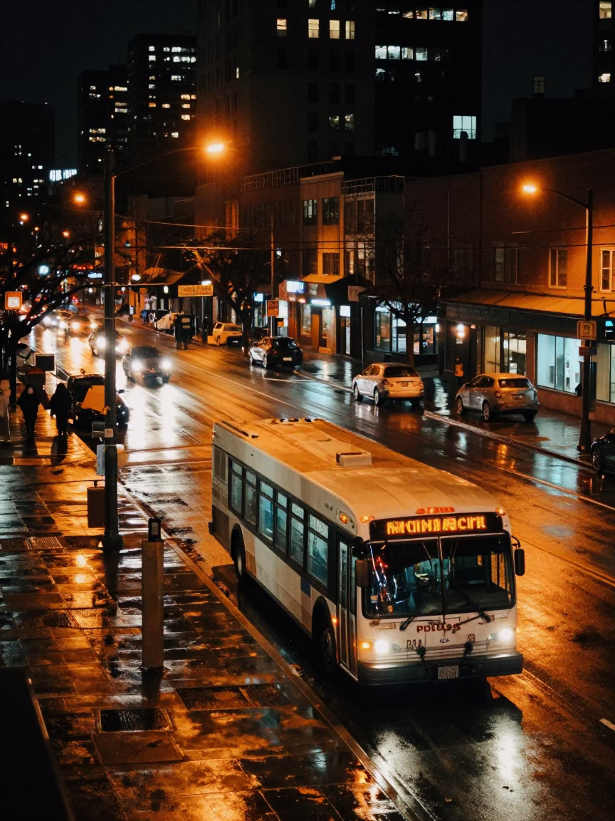 Toronto Night Street Scene with Monarch Transit Bus and Urban Infrastructure in in Toronto, Ontario, Canada