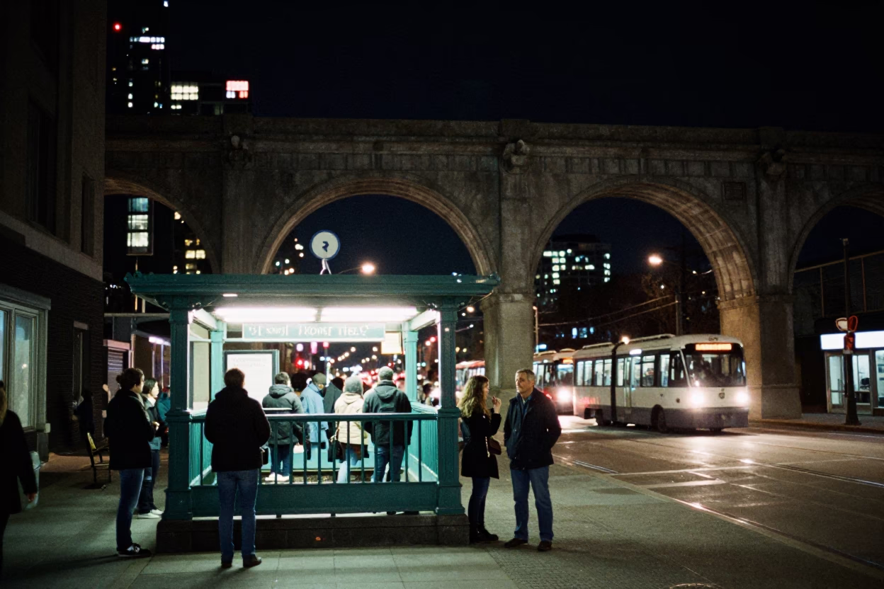 Toronto Night Street Scene with Railway Viaduct Arches and Commuter Tram Passengers in in Toronto, Ontario, Canada
