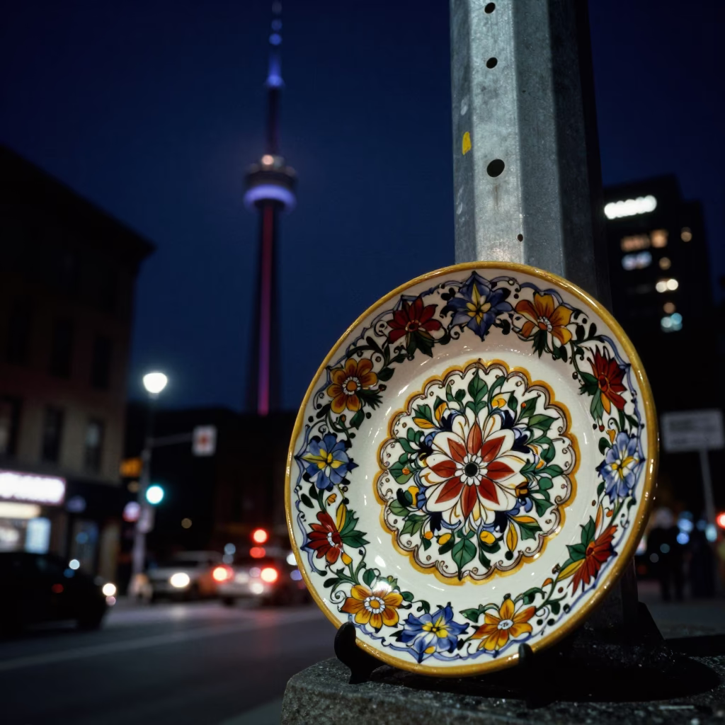 Toronto Night Street Scene with Vintage Majolica Plate and Brass Frame Reflections in in Toronto, Ontario, Canada