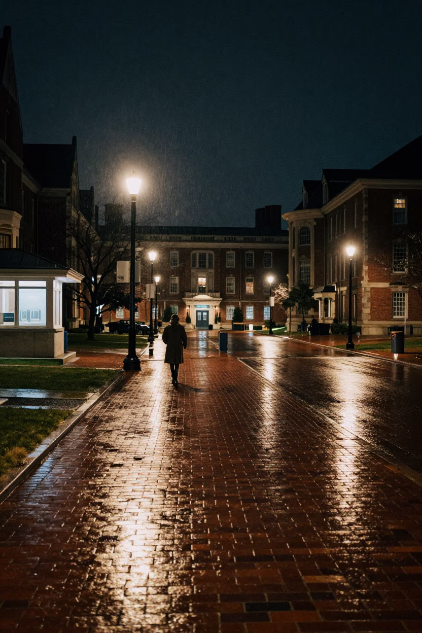 Toronto Night Street Scene with Wet Brick Campus Quad and Urban Reflections in in Toronto, Ontario, Canada