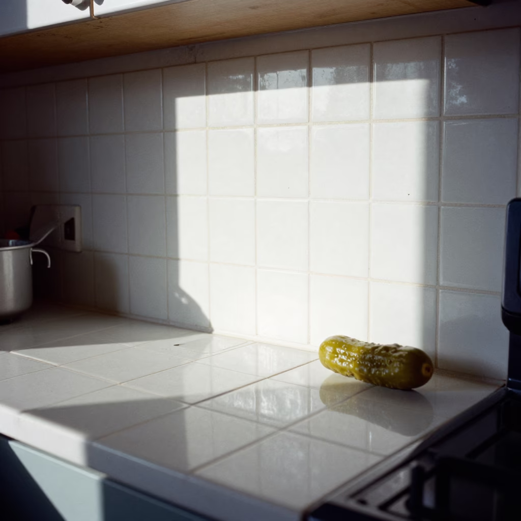 Toronto Noon Light on Distressed Kitchen Tile and Pickle Jar in in Toronto, Ontario, Canada