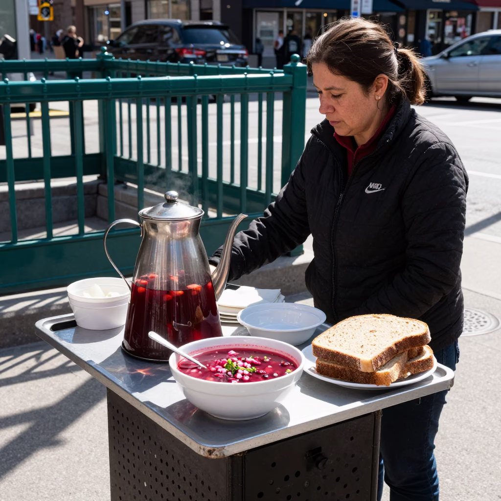 Toronto Noon Street Scene with Coffee Pot and Borscht Bowl Amidst Urban Life in in Toronto, Ontario, Canada
