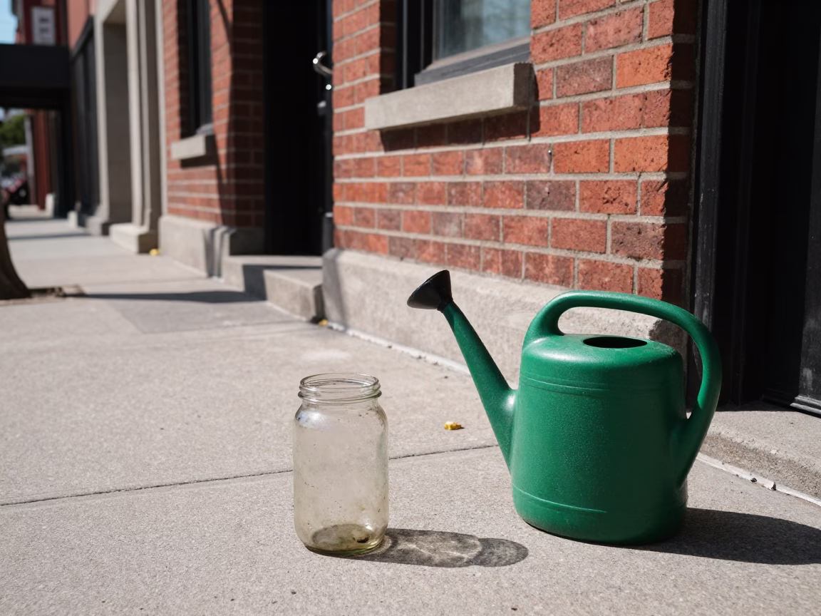 Toronto Noon Street Scene with Glass Jar and Watering Jug on Concrete Sidewalk in in Toronto, Ontario, Canada
