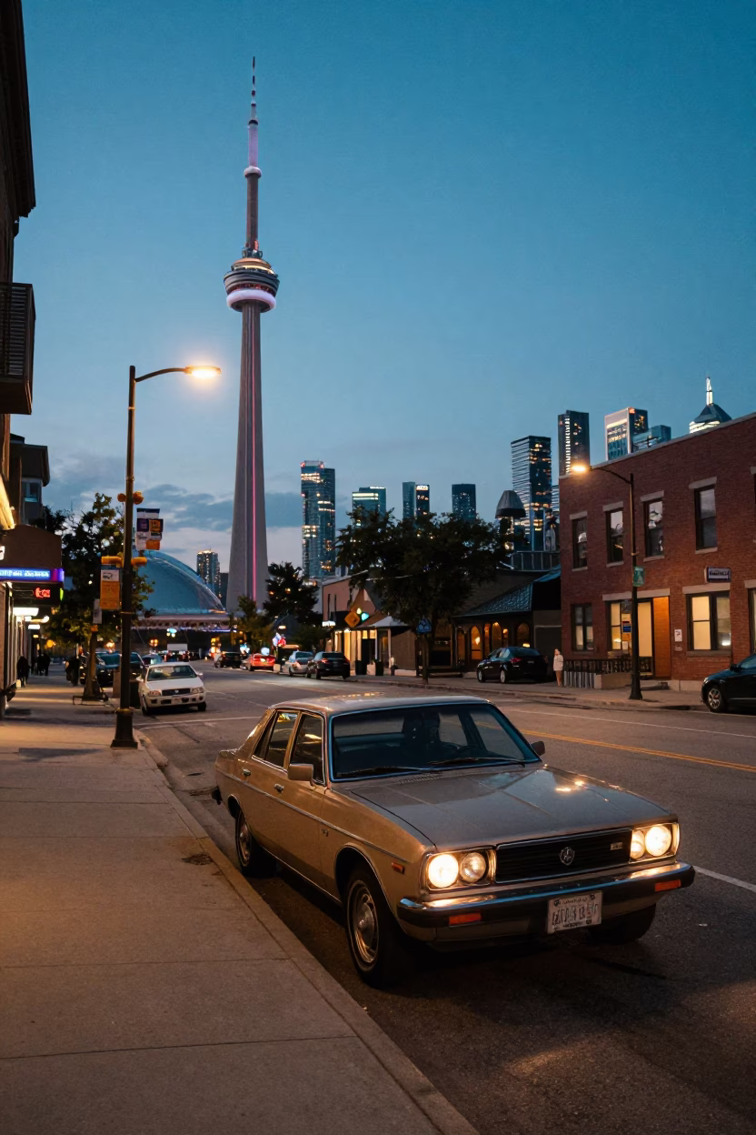 Toronto Ontario Canada blue hour street scene with vintage 1970s aesthetic and urban details in in Toronto, Ontario, Canada