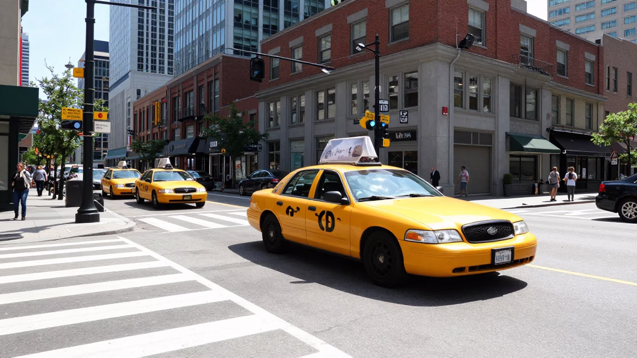 Toronto Ontario Canada Noon Street Scene with Yellow Taxi and CN Tower in in Toronto, Ontario, Canada