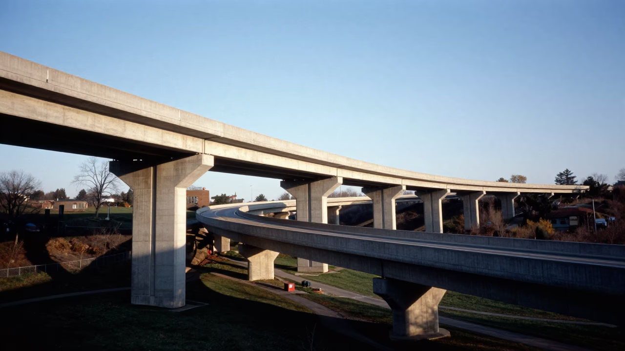 Toronto Ontario Concrete Viaduct Curving Across Valley Floor in Clear Late Afternoon Light in in Toronto, Ontario, Canada