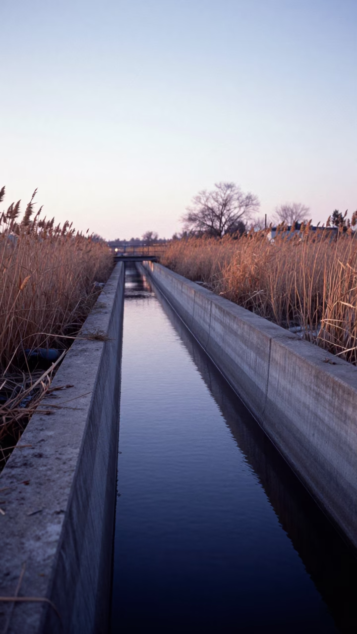 Toronto Ontario Dawn Concrete Cooling Canal Edged With Reeds Before Sunrise in in Toronto, Ontario, Canada
