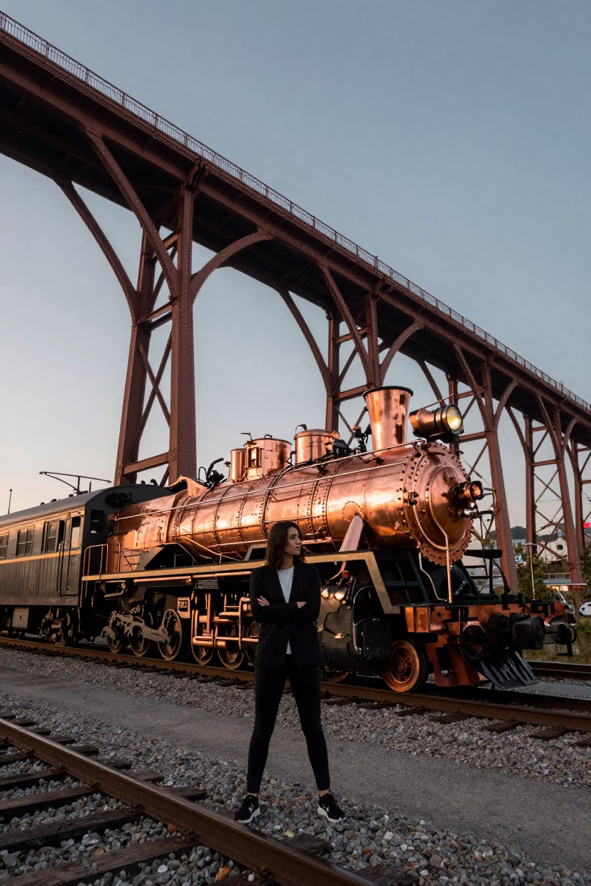 Toronto Ontario Dusk Railway Viaduct Steam Train Copper Light High Fashion Photography in in Toronto, Ontario, Canada