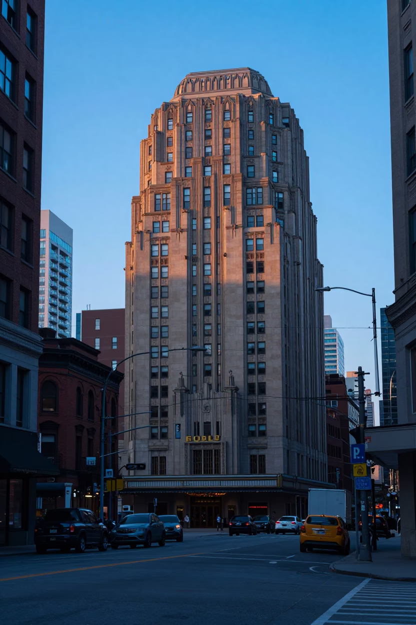 Toronto Ontario Street Scene Before Sunrise with Art Deco Hotel Facade and Urban Stillness in in Toronto, Ontario, Canada