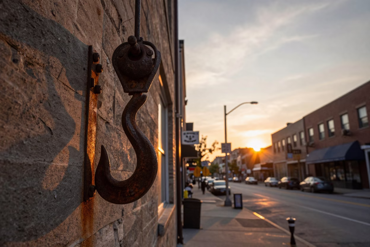 Toronto Ontario Sunset Street Scene with Iron Hook and Urban Architecture in in Toronto, Ontario, Canada