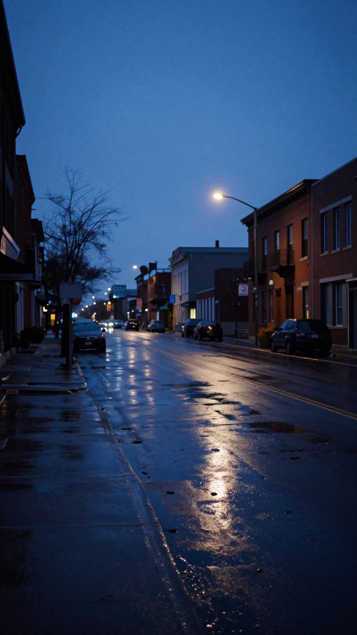 Toronto Pre-Dawn Street Scene with Wet Pavement Reflections in in Toronto, Ontario, Canada
