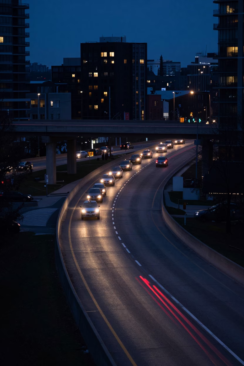 Toronto Predawn Overpass Interchange Lane Split Lit by Taillight Streaks in in Toronto, Ontario, Canada